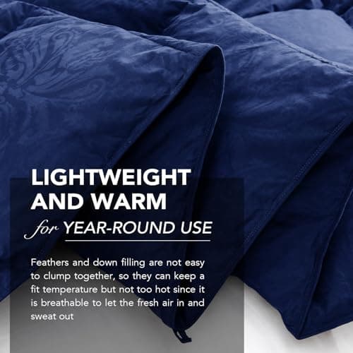 Dreamhood Luxury 90% Goose Feathers Comforter Oversized Queen Size, All Season 100% Cotton Down Duvet Insert, Retro Decoration Medium Warmth Hotel Bed Comforter with 8 Corner Tabs (Navy,98x98 Inches) 6