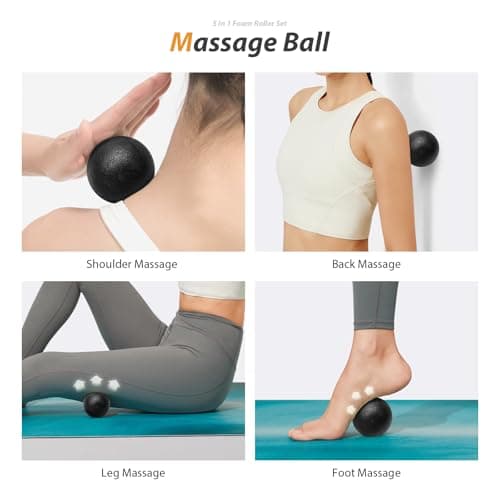 5 in1 Foam Roller Set, Trigger Point Foam Roller, Massage Roller Stick, Massage Ball, Resistance Band for Deep Muscle Massage Pilates Yoga,Fitness Exercise for Whole Body (Black-Red) 5