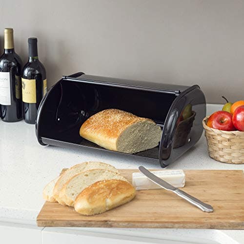 Bread Box For Kitchen Countertop, By Home Basics (Black) | Large Metal Bread Box For Kitchen Counter and Table | Bread Container With Roll-Top Lid | For Loaves, Bagels, Croissants, and Other Treats 5