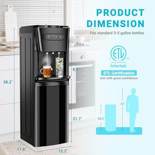 Bottom Loading Water Cooler Dispenser Hot Cold & Cool Water Dispenser for 3 or 5 Gallon Bottles, Empty Bottle Indicator, Child Safety Lock, Ideal for Office, Home, Living Room, Dark Black 7