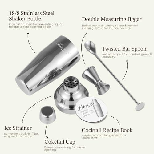 Cocktail Shaker, KITESSENSU 24oz Drink Shaker with Bartender Strainer, Measuring Jigger, Bar Mixing Spoon, Cocktail Recipe Guide, Professional Drink Mixer Set for Beginners, Silver 3