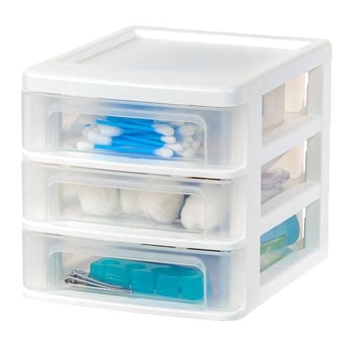 IRIS USA Plastic Stacking Desk Top 3-Drawer Storage Organizer, 4-Pack, for Makep Vanity Nail Polish Bathroom Stationery Art Craft Supplies Kitchen Office Garage and Small Organization, Small, White 5