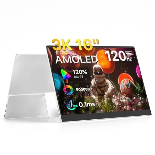 XBONFIRE 16" OLED Portable Monitor, 3K 2880x1800 120Hz 0.1ms 120% DCI-P3 500000:1 Contrast USB-C HDMI OLED Monitor with VESA Kickstand Speaker Ultra-Slim External Display for Laptop PC Phone Gaming