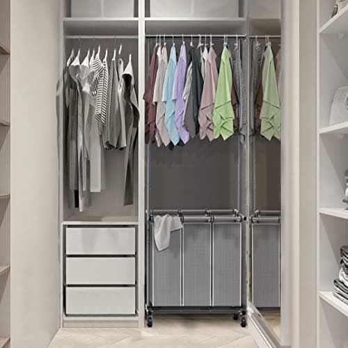 Simple Houseware 3 Bags Laundry Sorter with Extensible Clothes Hanging Rod 6
