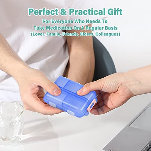 1 Pack Travel Pill Organizer w Labels & 1 Drawstring Pouch, Small 10 Compartments Pocket Pharmacy, Handy Pill Holder Box - Portable Daily Weekly Medicine Container Case - Blue 7