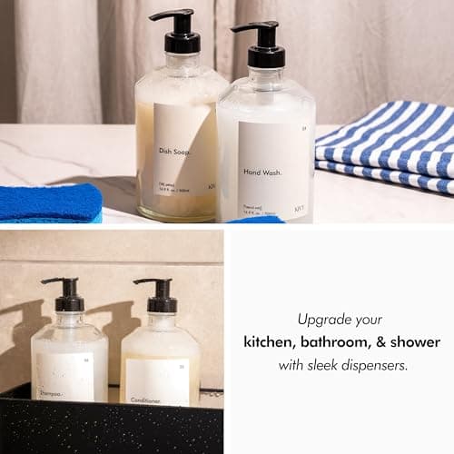 KIVY Glass Soap Dispenser Set [INCL. Waterproof Labels] - with Pump for Hand and Dish Soap - Kitchen & Bathroom Set - Refillable (2X 16oz) 5