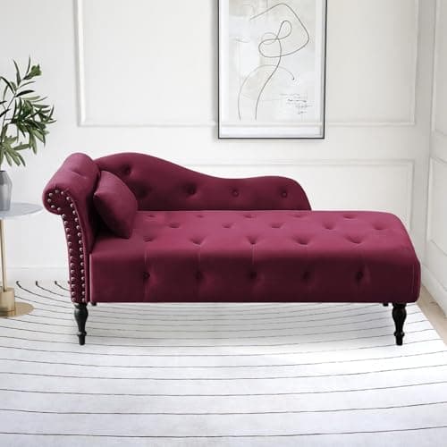 HomJoones Tufted Upholstered Velvet Rolled Arm Chaise Lounges Indoor Chair, Right Arm Facing Chaise Lounge with Nailhead Trim and 1 Pillow,for Living Room Bedroom Office (Burgundy) 9