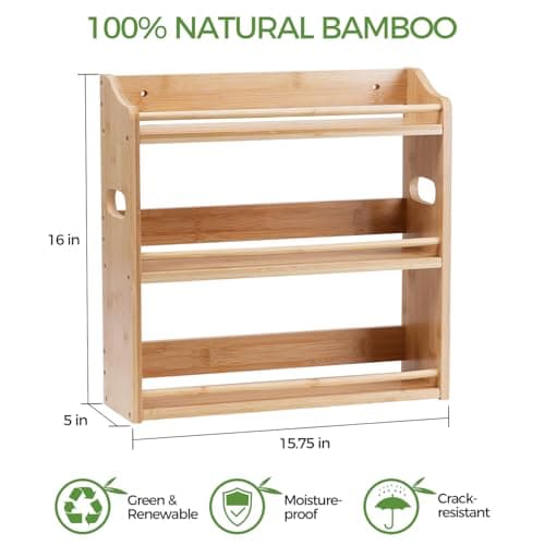 Bambition Bamboo Spice Rack Organizer, 3 Tier Spice Jars Storage Rack with Handles, Seasoning Shelf for Kitchen Counter or Wall 9