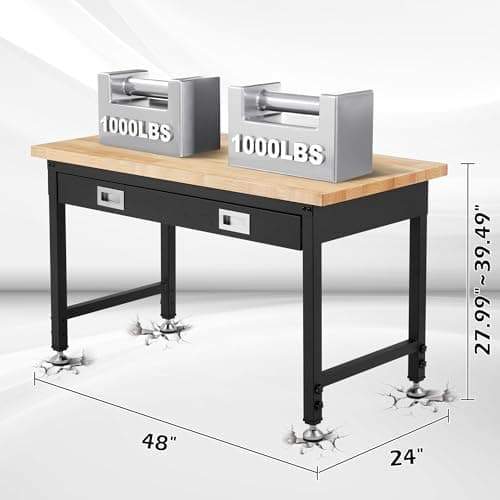 Adjustable Heavy Duty 48” Workbench with Storage,Oak Wood Top Tool Bench with Drawers,2000 LBS Load Capacity Hardwood Worktable for Workshop, Garage, Office, Home, Commercial 6