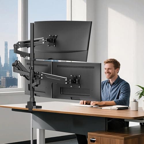 Triple Monitor Mount for up to 35-inch Screens – Heavy Duty Ultrawide Stand with Fully Adjustable, 12kg Gas Spring Arm (Each), VESA 75×75/100×100 mm, Black 8