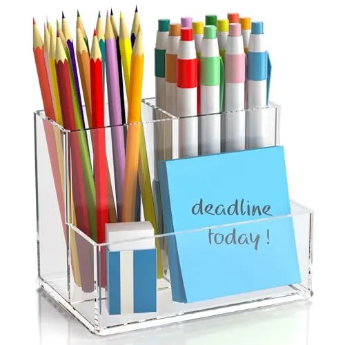 runzoos Clear Pen Holder for Desk, Small Acrylic Pencil Holder, Compact Makeup Brush Holder Organizer for Vanity, Pen Pencil Organizer Cup, Office Desk Organizer and Accessories, 3 Compartment Design