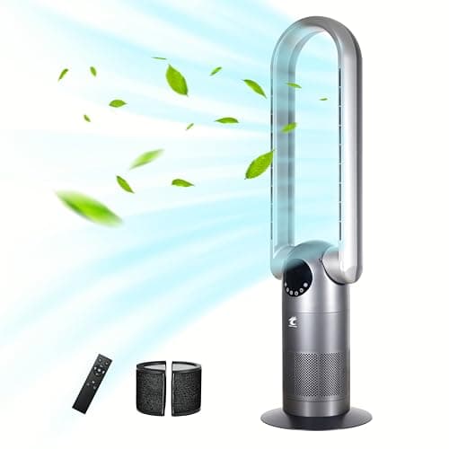 Ocean Loong Bladeless Tower Fan with Air Purifier - 120° Oscillating - Quiet Cooling Fan for Bedroom Home Office - 9 Speeds - 9Hs Timer - Remote Control - 39inch AC68P Grey