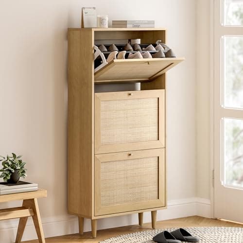 EYYTHUNG Rattan Shoe Cabinet Narrow Shoe Storage Cabinet with 3 Flip Drawers Hidden Freestanding Shoe Rack Organizer with Wood Legs for Entryway Slim, Hallway, Natural Oak