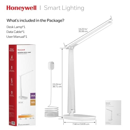 Honeywell LED Desk Lamp for Home Office, Eye-Caring Light with 4 Color Modes & Touch Control, USB A+C Charging Ports, Adjustable Rotating Head with Timer for Reading, Bedroom & Small Desks 7