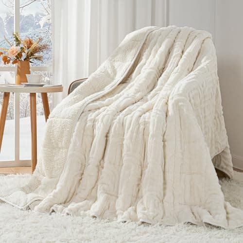Cottonblue Weighted Blanket for Adults 15 lbs Twin Size, Soft Fluffy Sherpa Fleece Jacquard Weighted Throw Blankets 48" x 72" for Sleep Relax, Fuzzy Warm Arch Heavy Blanket for Bed Couch, Cream White