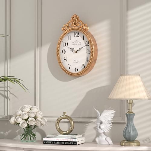 Abdurey Small French Retro Decorative Wall Clock, Antique Gold Vintage Oval Style,Silent Battery Operated Boho Decor Wall Clocks for Farmhouse,Kitchen,Bedroom,Bathroom(10.4" H x 6.7" W) 5