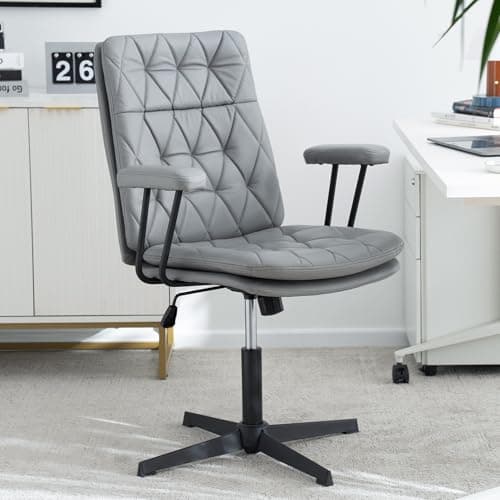 EYYTHUNG Home Desk Chair No Wheels with Arms Crossleg Stationary Ergonomic Office Swivel Working Computer Chair Grey