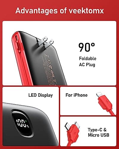 VEEKTOMX Portable Charger with Built in Cables 20000mAh, Power Bank for iPhone with AC Wall Plug, Fast Charging USB C Slim Battery Pack with LED Display Compatible with iPhone 17/16/15, Samsung 8