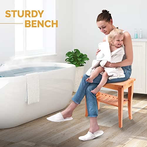 Bamboo Shower Bench - Small Wooden Shower Stool with Storage Shelf, Non-Slip Bathroom Seat, Spa Decor Bath Bench, Foot Rest Shaving Stool for Shower, Indoor Outdoor Use, Great Gift Idea (17" x 9 x 17) 6