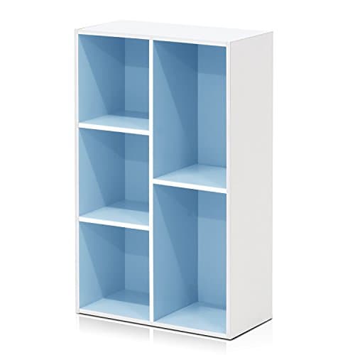 Furinno LUDER Book Shelf, 5-Cube Bookshelf, Reversible Bookcase, 9.4 x 19.5 x 31.5, for Living Room, Bedroom, Home Office, White/Light Blue