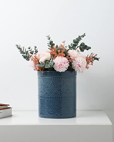 Fun Elements Kitchen Utensil Holder, 7.2" Super Large Utensil Crock Heavy and Stable Lace Emboss Ceramic Utensil Holder for Kitchen Counter (Grayish Blue) 7