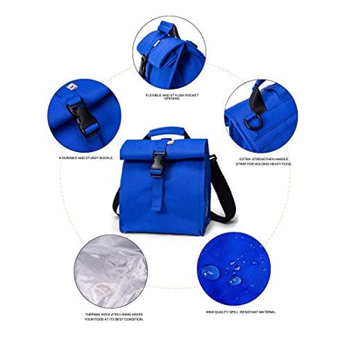 SUNNY BIRD Insulated Lunch Bag Rolltop Lunch Box Tote Lunchbox Bag for Women, Men, Adults and Kids (Blue) 4