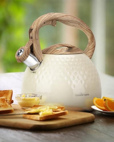 Hauce Radio Tea Kettle Stovetop Teapot, 2.5 Quart Loud Whistle Food Grade Stainless Steel and Smooth Wood Pattern Handle, Sophisticated Look for Hiking, Picnic, for Tea, Coffee Milky White 8