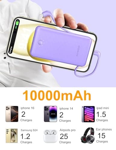 miisso Ultra Slim 10000mAh Power Bank Built-in Cables and Foldable AC Wall Plug, Pocket Size USB C Portable Charger, External Battery Pack Compatible with iPhone Samsung, Purple 5