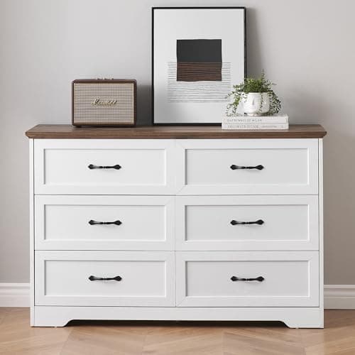 GAOMON 6 Drawer Dresser, Farmhouse Chest of Drawer with Metal Handles, Modern Storage Organizer with Anti-Collapse Design, Wooden Dresser for Living Room, Bedroom, Hallway, White and Brown