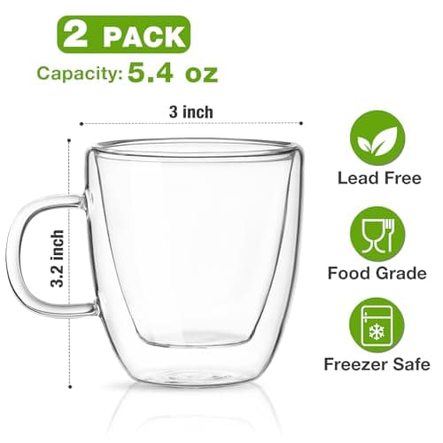 Mfacoy Glass Double Wall Insulated Espresso Cups (Set of 2), 5.4 oz Shots Cup with Handle, Insulated Glasses Mugs, Small Coffee Cups, Shot Glass 5