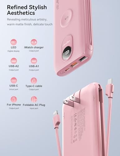 Portable Charger, 10000mAh 22.5W Fast Charging Power Bank with Built in Cable & Wall Plug, Travel Essential Battery Pack with LED Display, External Charger for iPhone 17/16, iWatch 11/10/9/8/Ultra/SE 5