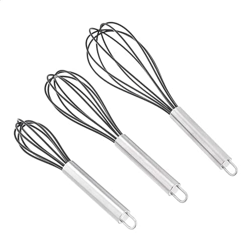 Amazon Basics Stainless Steel and Silicone Non-Stick Coated Whisk Set for Beating and Whisking, Dishwasher Safe, 8", 10", and 12", Pack of 3, Black