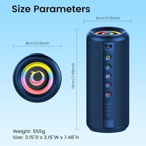 Portable Bluetooth Speaker, 2026 Bluetooth 5.4 Wireless Speaker with 20W HD Loud Stereo Sound, 20H Playtime, LED Lights, IP7, TWS Pairing, Built-in Mic, for Outdoor, Home, Beach, Party, Gift, Blue 7