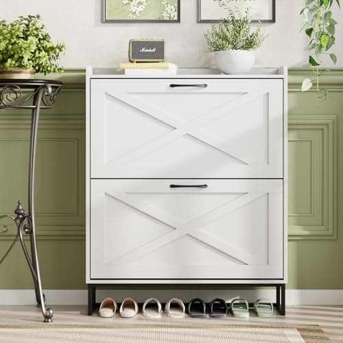 Maupvit Shoe Cabinet with 2 Flip Drawers, Freestanding Shoe Cabinet Organizer with Metal Legs, Shoes Storage Cabinet for Entryway, Narrow Shoe Rack Cabinet, White 8