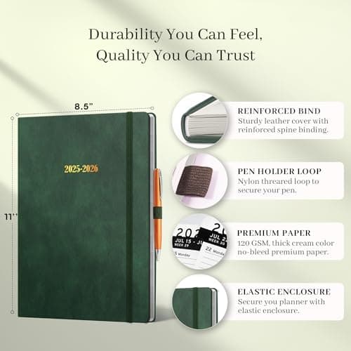 Ensight 2025-2026 HARDCOVER Leather Planner Weekly & Monthly - 8.5x11 Inches - Academic Planner Business Personal or Student - Pen Holder, Thick Paper, July 2025 - June 2026 (Green) 5