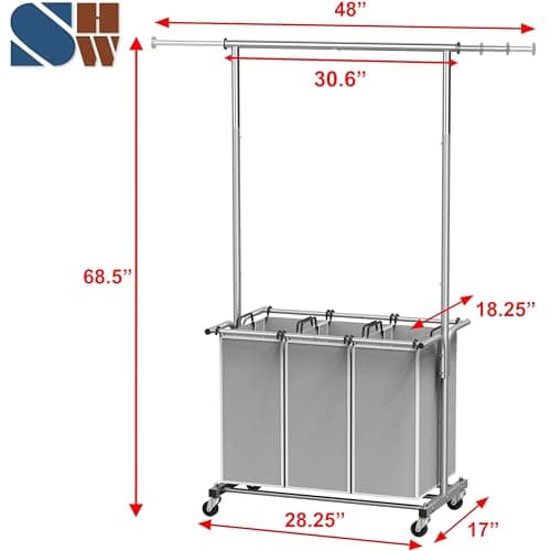Simple Houseware 3 Bags Laundry Sorter with Extensible Clothes Hanging Rod 2