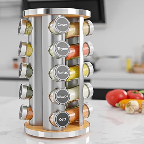 Revolving Spice Rack Set with 20 Spice Jars, Kitchen Spice Tower Organizer for Countertop or Cabinet -- Carousel Storage Includes 386 Spice Labels -- Desktop Rotating Seasoning Organizer 6
