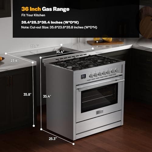Empava Gas Range, 4.3 Cu. Ft Convection Oven with Touch Timer, 5 Deep Recessed Burners Cooktop, Heavy Duty Continuous Grates in Stainless Steel, Freestanding & Slide-in Stove,36 Inch 5