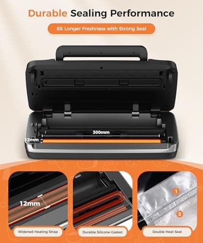 95kpa Vacuum Sealer Machine,Commercial Full Automatic Food Sealer,10-in-1 Sealing System with Double Heat Seal,Bags Storage, Easy-Lock Handle,Build-in Cutter,1 Bag Rolls and 10 pcs Pre-cut Bags 6