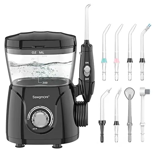 Sawgmore FC166 Water Flosser for Teeth/Braces, 600 ml Large Capacity, 10 Adjustable Pressures, 8 Home Nozzles Oral Irrigator for Teeth Clean(Black)