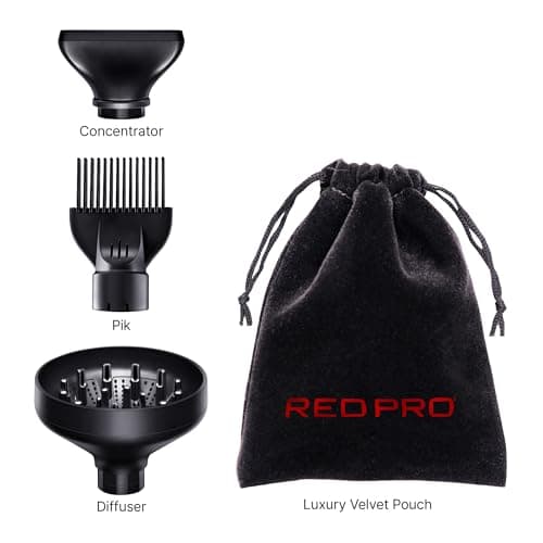 RED Pro Hair Dryer Soni-Clone 110,000 RPM High Speed BLDC Motor Dryer, Strong Air Flow for Fast Drying, Lightweight with Luxury Home & Travel Pouch, Magnetic Nozzle Hair Pik, Diffuser & Concentrator 7