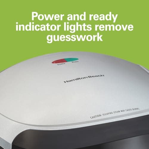 Hamilton Beach Electric Indoor Grill, 6-Serving, Large 90 sq. in. Nonstick Easy Clean Plates, Floating Hinge for Thicker Foods, 1200 Watts, 6.38"D x 12.68"W x 13.78"H , Silver (25371) 7