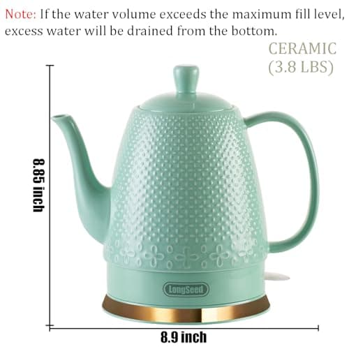 LONGSEED 1.2-Liters Ceramic Electric Kettle Pot, 1000W Fast Boil Water For Coffee & Tea, Automatic Shut-Off, Boil Dry Protection, Retro Gooseneck Teapot BPA Free Boiler 7
