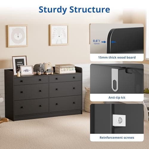 Cozy Castle Baby Dresser with 6 Drawers and Large Table Top, Multi-Functional Chest of Drawer, Drawer Dresser with Three-Sided High Rails for Nursery, Children's Room, Bedroom, Black 6