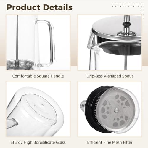 Anjetan Press Coffee Maker, 1000 ml/33.8 oz Double Wall Insulated Tea Maker, Heat Resistant High Borosilicate Glass with Fine Mesh Filter & Ergonomic Handle, Ideal for Hot and Cold Beverages 3