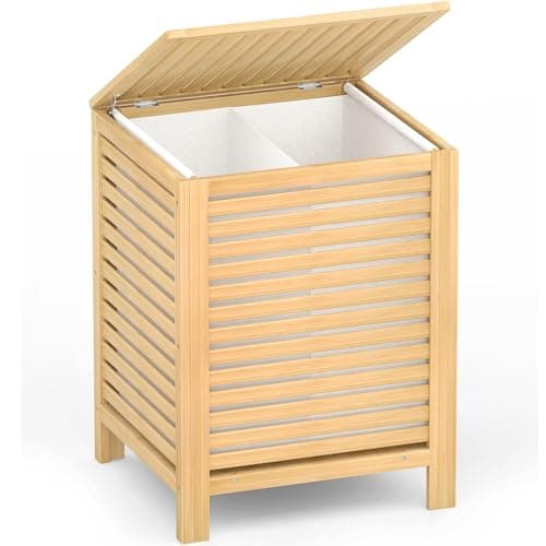 Homykic Bamboo Laundry Hamper with Lid, 120L Large Clothes Laundry Sorter with Removable 2-Section Liner Bag, Raised Laundry Basket Organizer for Clothing, Bathroom, Bedroom, Laundry Room, Natural