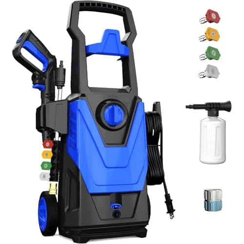 Pressure Washer 4 Wheels with Anti-Tipping Technology, Soap Tank 4 Nozzles for Patios Cars Home