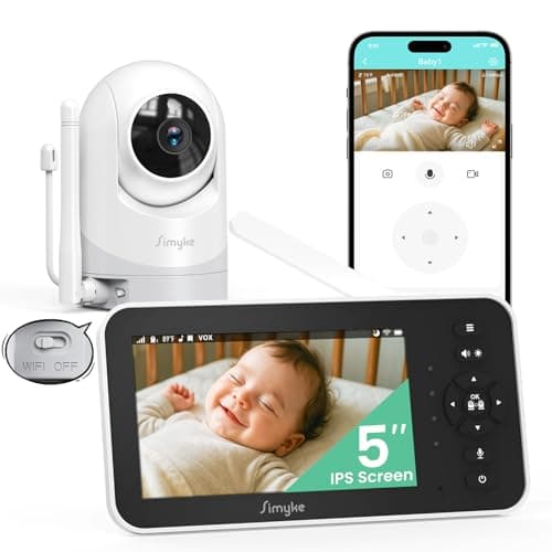 Simyke Video Baby Monitor with Camera and Audio,5'' Screen,720P,No Wifi or Free App Mode,Pan-Tilt-Zoom,Lullabies,Feeding Remind,Night Vision,VOX/ECO,2-Way Talk,1500ft Long Range,Easy Setup,30H Battery
