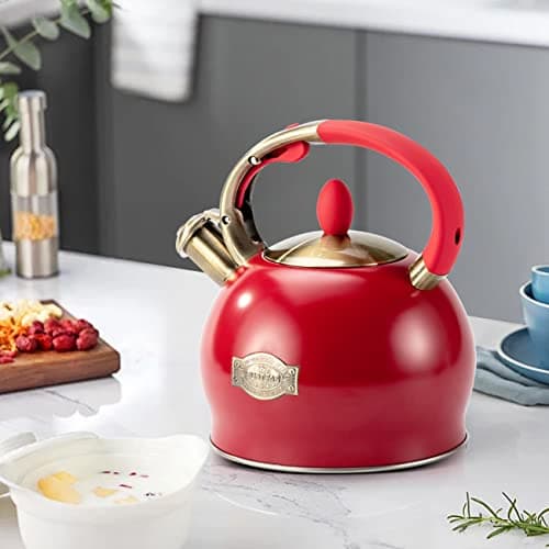 SUSTEAS Stove Top Whistling Tea Kettle - Food Grade Stainless Steel Teakettle Teapot with Cool Touch Ergonomic Handle, With 1 Silicone Pinch Mitt Included, 2.64 Quart(RED) 6