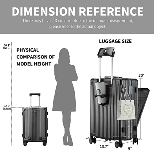 CAARANY Versatile Aluminum Frame Carry-On Luggage with USB Charging Port, Front Compartment, TSA Lock, Airline Approved Carry On Hardside Suitcase with Spinner Wheels (Black, 20inch) 5